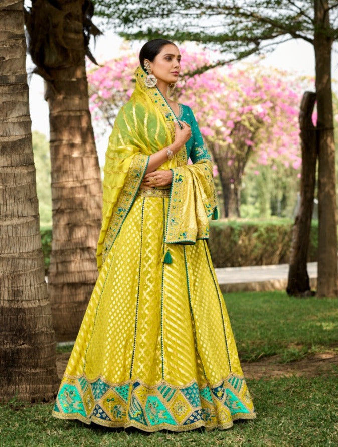 Yellow and Green Banarasi Silk Lehenga