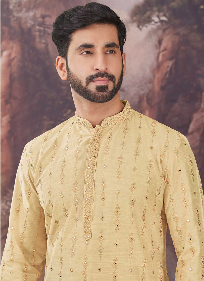 Yellow Viscose Embroidered Mirror Work Kurta Pyjama - RENT