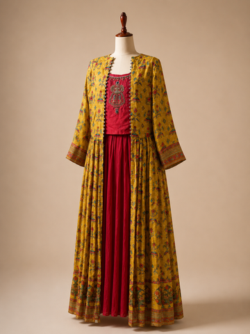 Red Lehenga with Yellow Shrug for Haldi - RENT