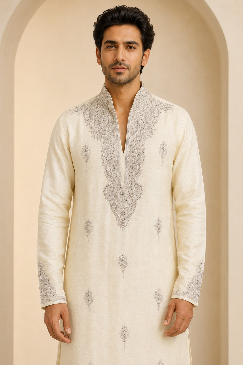 Light Yellow Embroidered Kurta Pyjama for Wedding Guest - RENT