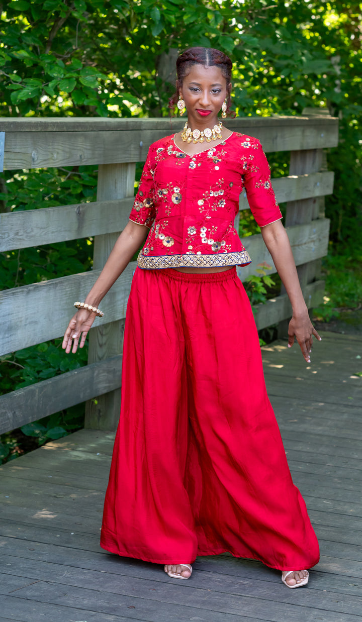 RED EMBROIDERED CROP TOP AND PALAZZO SET - RENT