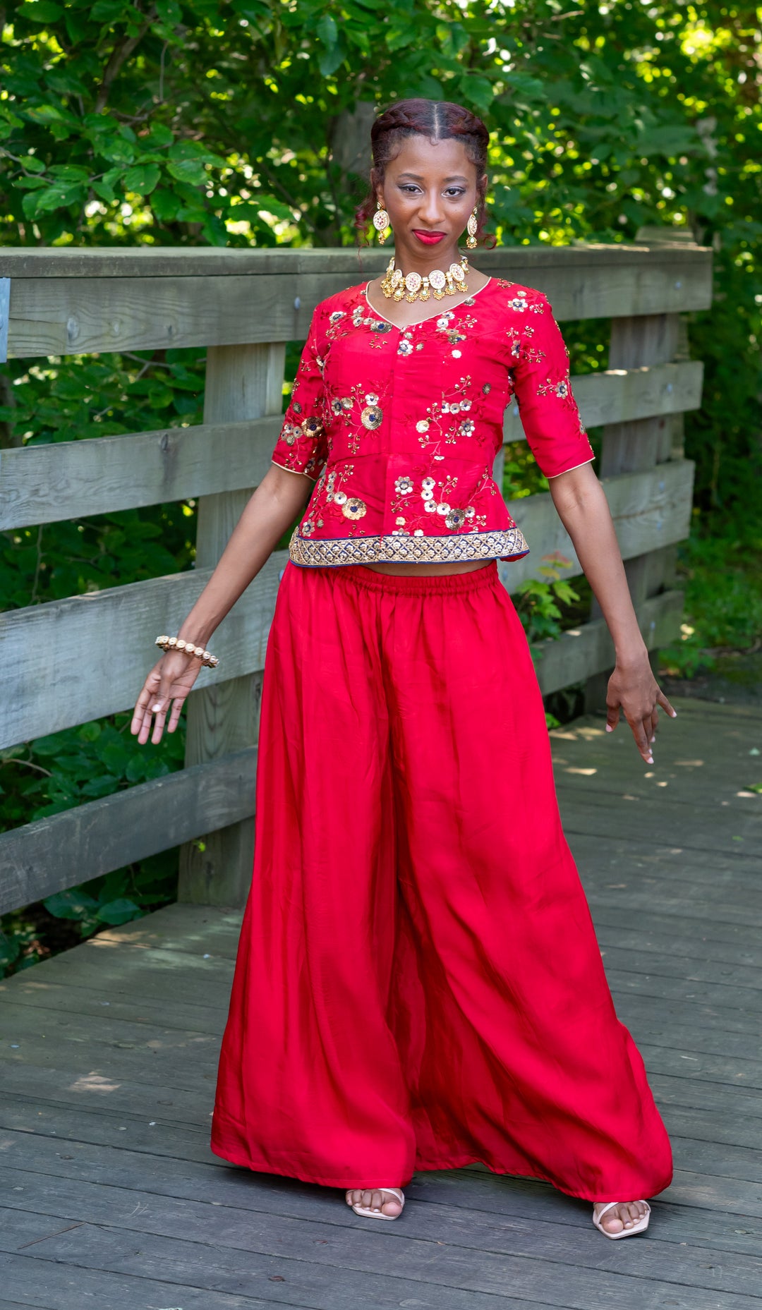 RED EMBROIDERED CROP TOP AND PALAZZO SET - RENT