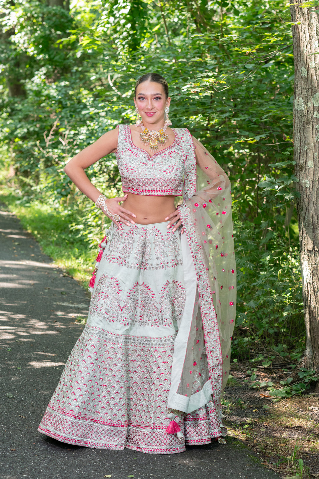 LIGHT SEA GREEN LEHENGA WITH PINK EMBROIDERY - RENT