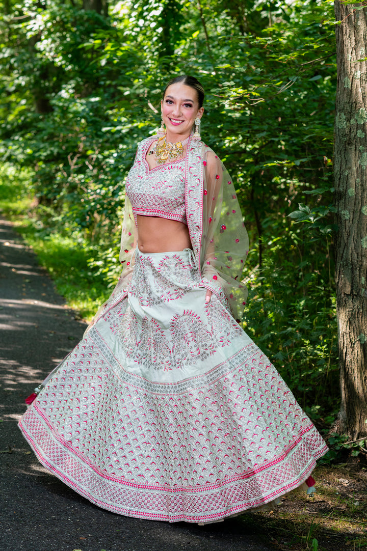 LIGHT SEA GREEN LEHENGA WITH PINK EMBROIDERY - RENT