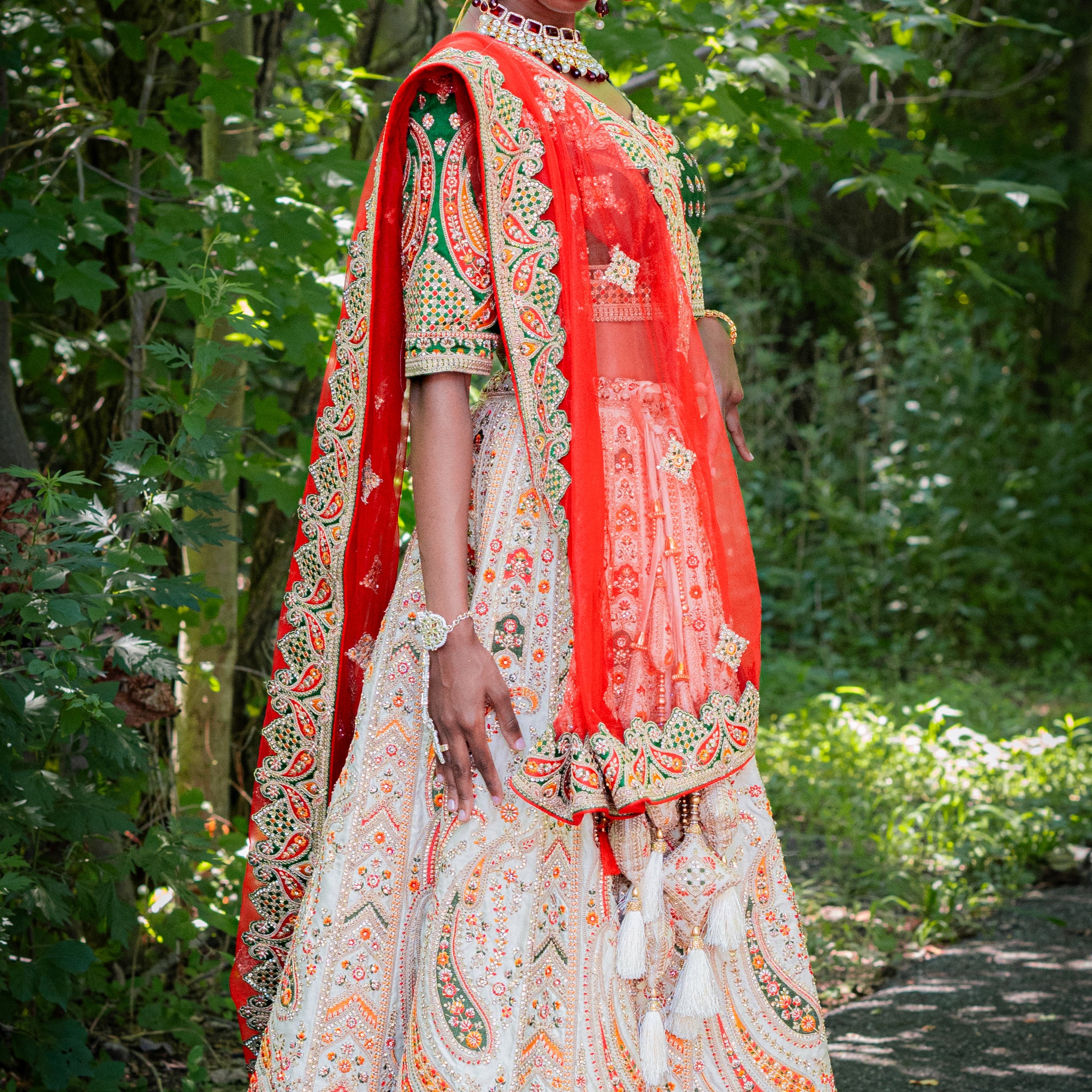 Cream Bridal Heavy Embroidered Lehenga Set With Red Dupatta- Rent