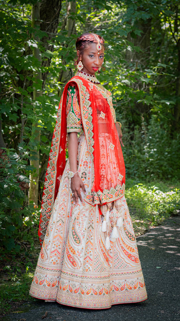 Cream Bridal Heavy Embroidered Lehenga Set With Red Dupatta- Rent