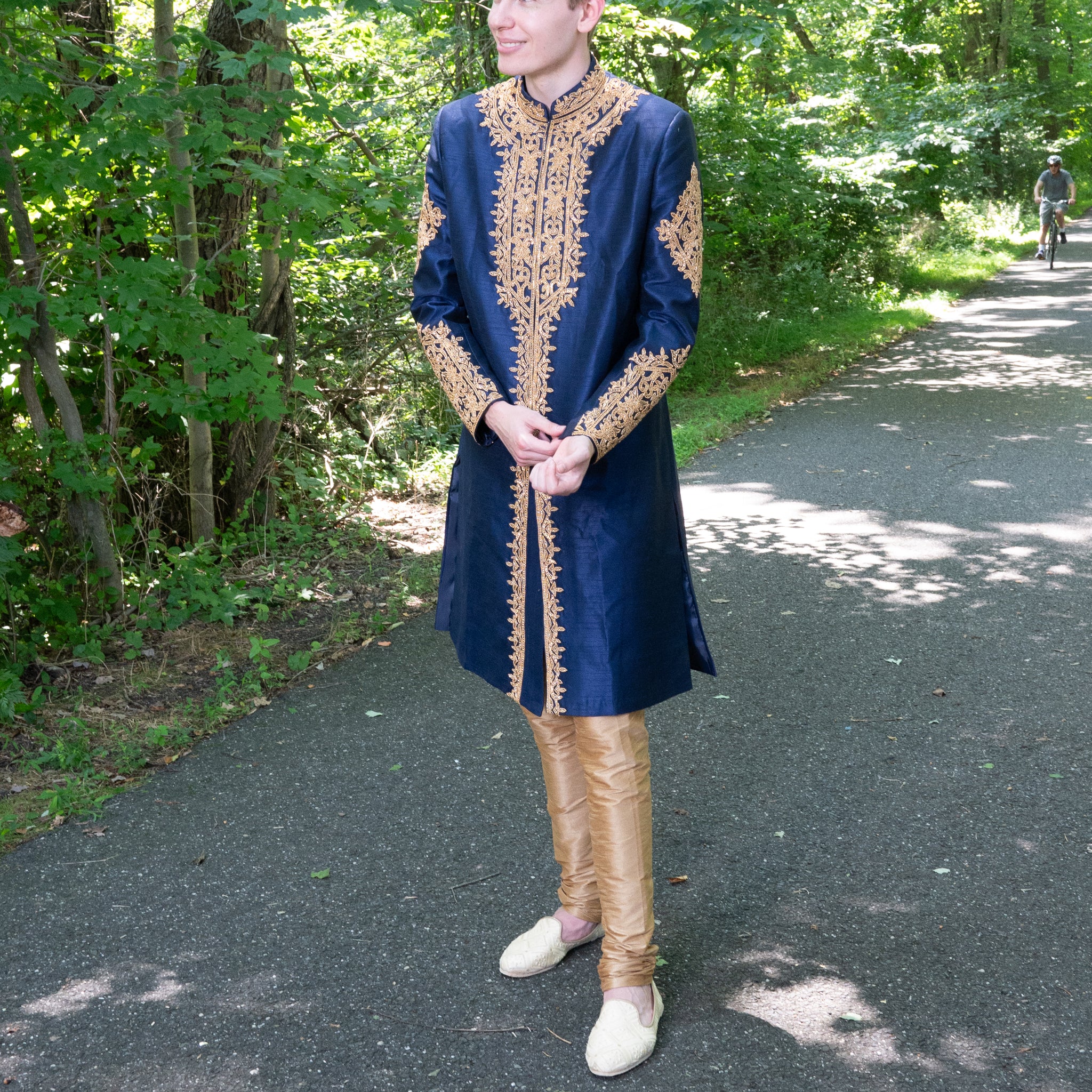 RICH GOLD EMBROIDERIED NAVY BLUE SHERWANI - RENT