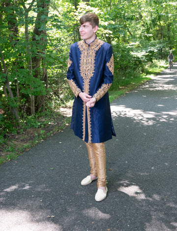 RICH GOLD EMBROIDERIED NAVY BLUE SHERWANI - RENT