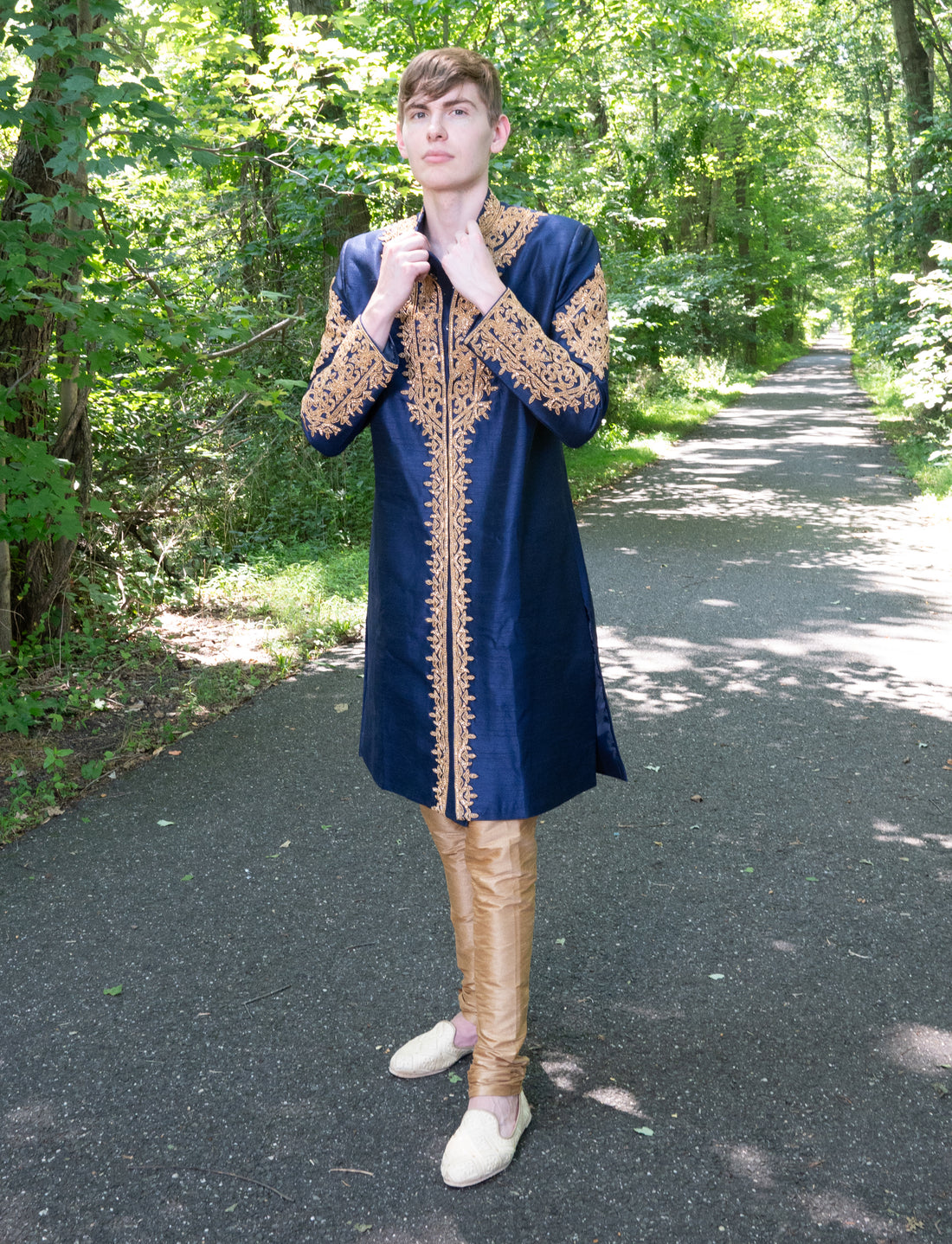 RICH GOLD EMBROIDERIED NAVY BLUE SHERWANI - RENT