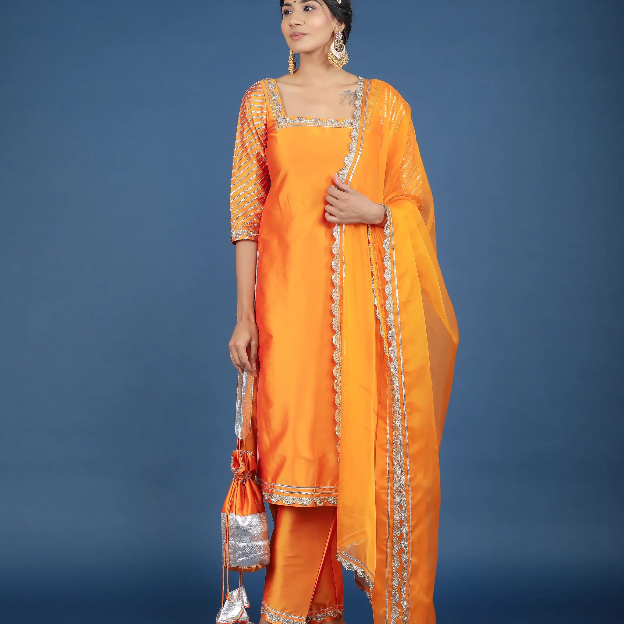 POMCHA JAIPUR'S ZOYA ORANGE TAFFETA SILK SUIT SET - RENT