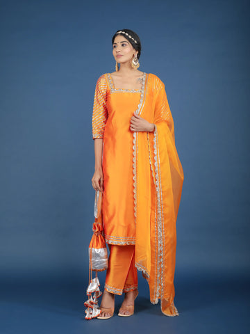 POMCHA JAIPUR'S ZOYA ORANGE TAFFETA SILK SUIT SET - RENT