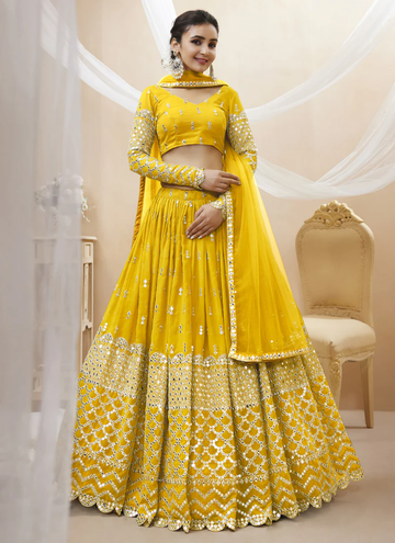 Zari Embroidered Work Georgette Haldi Special Lehenga Choli - Rent