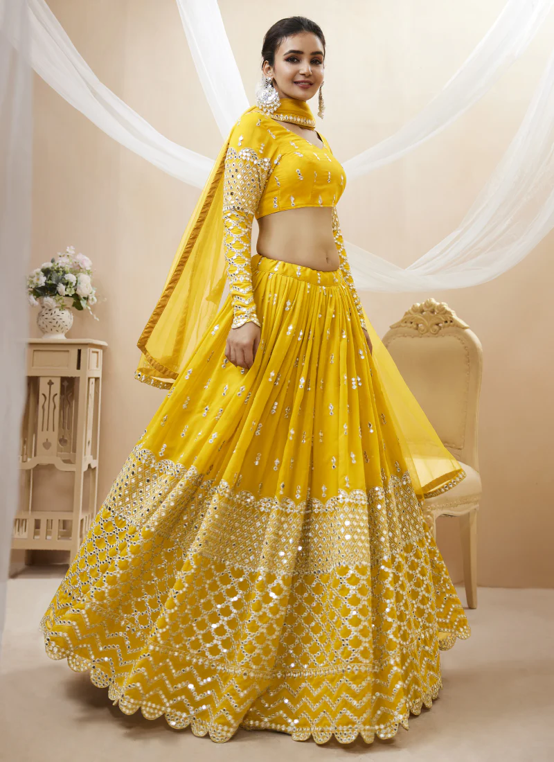 Zari Embroidered Work Georgette Haldi Special Lehenga Choli - Rent