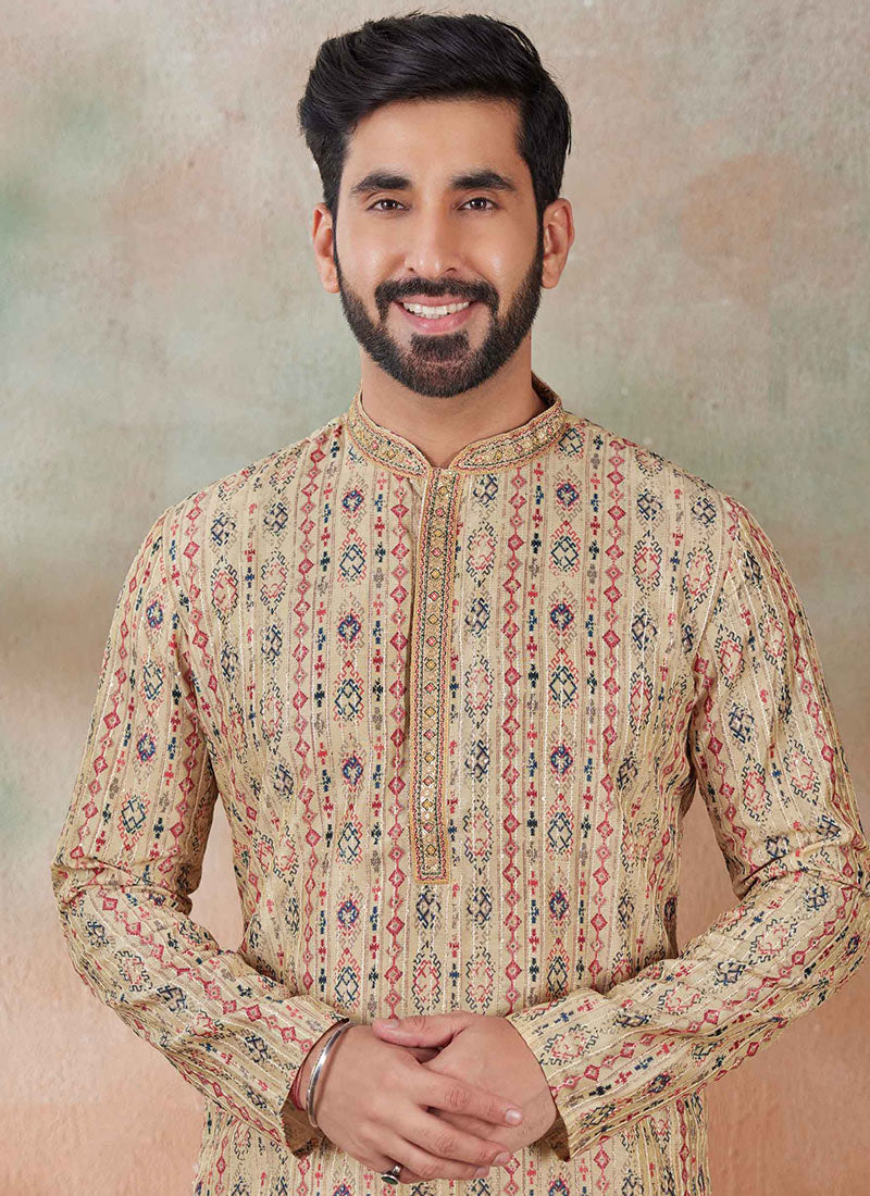 Beige Embroidered Printed Sequins Kurta Pyjama for Guest - RENT