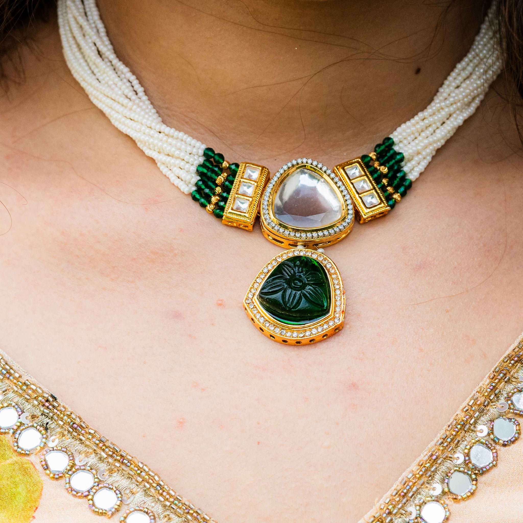 Exquisite Green Kundan and Beads Necklace and Earring Set