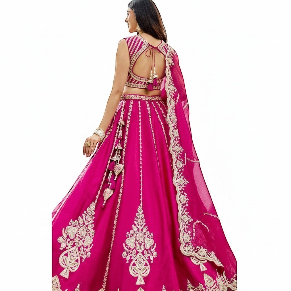 Glamourental fuchsia silk lehenga choli set with intricate white bead and sequin embroidery, tassels, and designer dupatta.