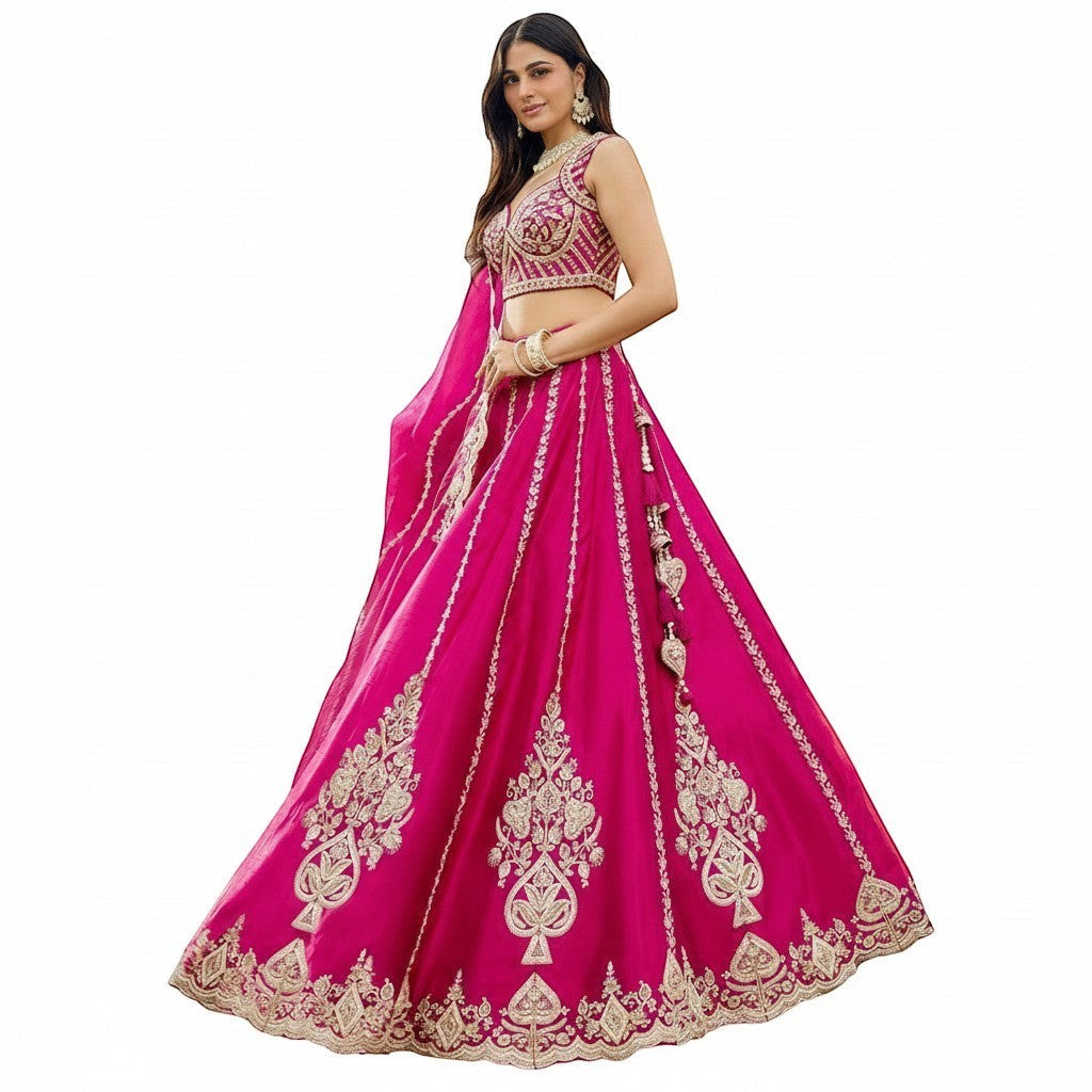 Glamourental fuchsia silk lehenga choli set with intricate white bead and sequin embroidery, designer dupatta, perfect for weddings.