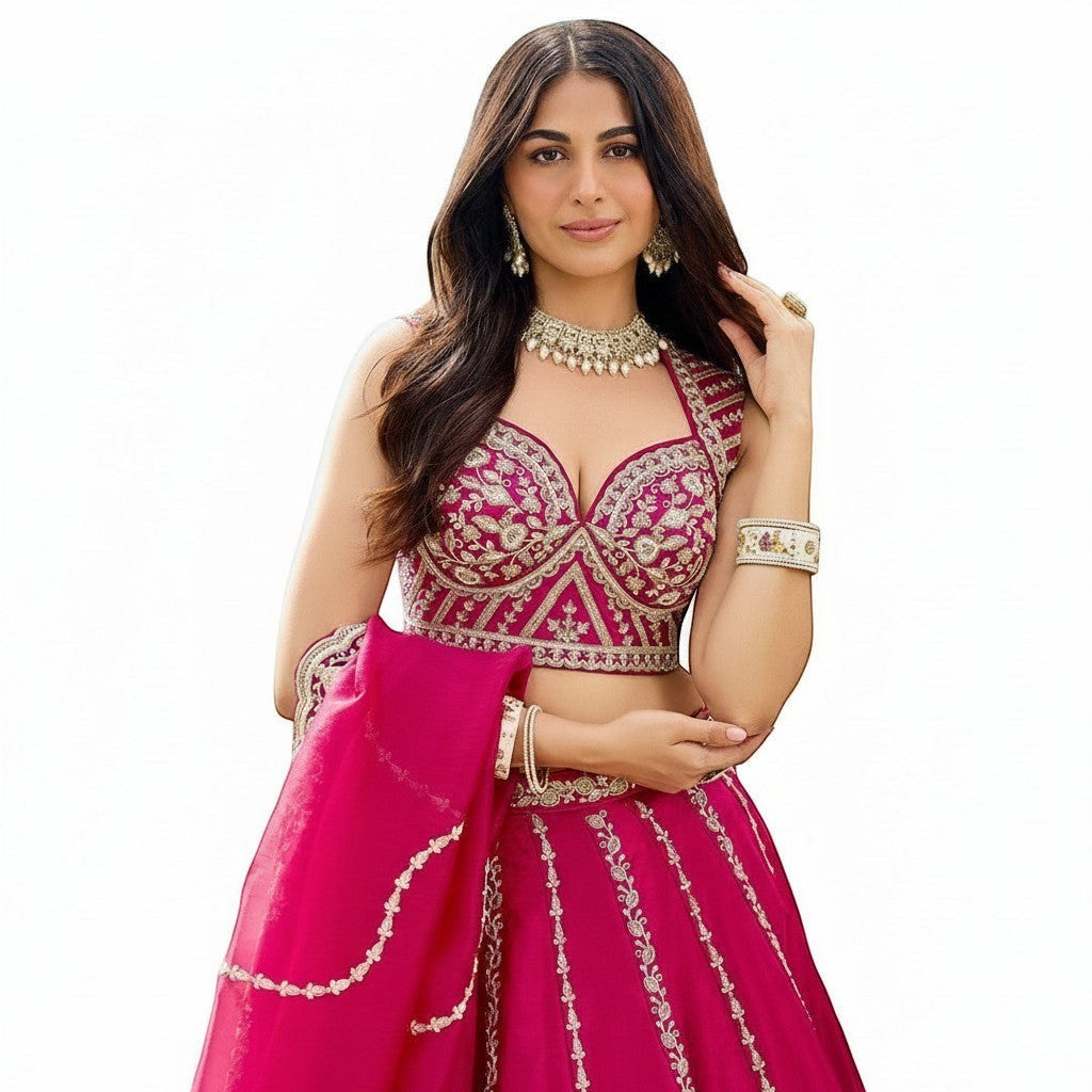 Glamourental magenta silk lehenga choli set with intricate bead and sequin work, designer dupatta.