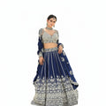 Glamourental Royal Navy embellished embroidered lehenga set with blouse and dupatta, perfect for weddings.
