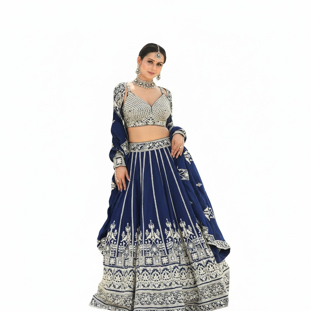 Glamourental Royal Navy embellished embroidered lehenga set with blouse and dupatta, perfect for weddings.