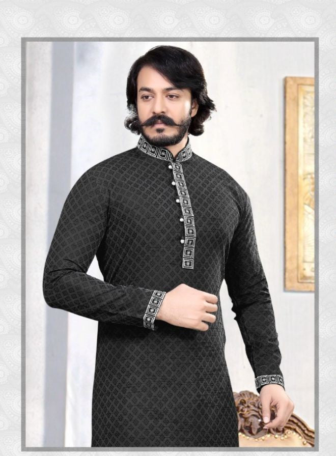 Embroidered Black/Blue Art Silk Jacquard Kurta Set - Rent