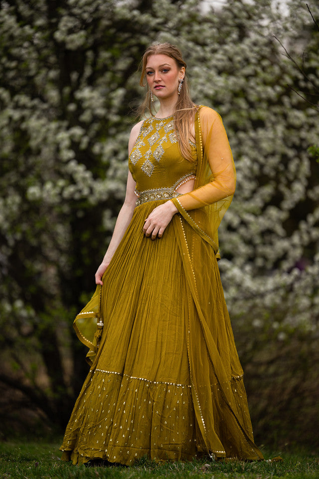 Beautiful Lemon Green Colored Anarkali Set - Clearance