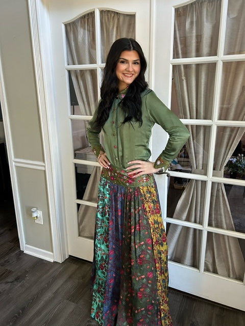 Boho Bloom Green Top Paired with Flared Floral Skirt