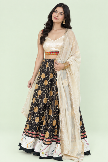 Cream And Brown Navratri Chaniya Choli - Rent