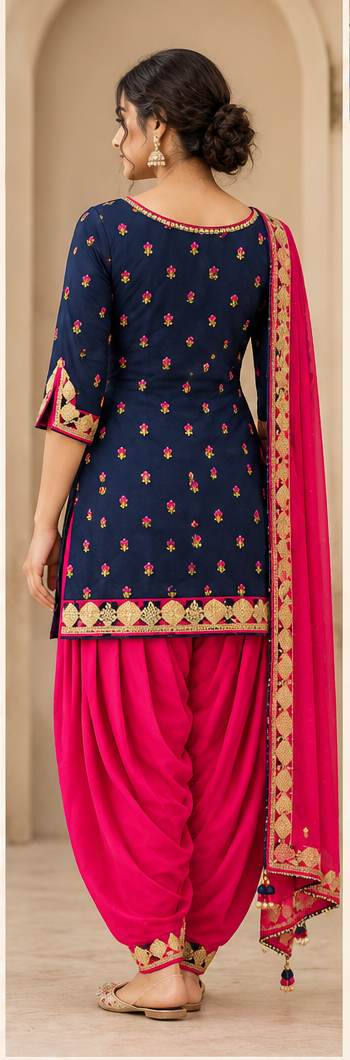 Elegant Navy and Fuchsia Patiala Dupatta Set  - RENT