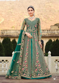 Green Net Embroidered Lehenga