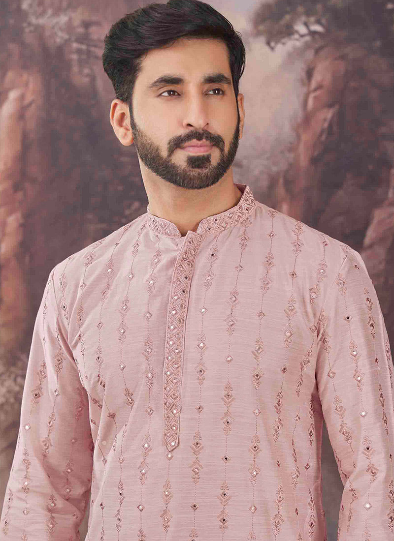 Pink Viscose Embroidered Mirror Work Kurta Pyjama - RENT