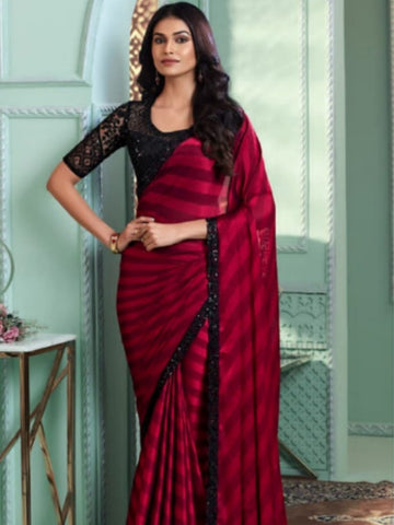 Red  Sartin  Silk Saree - Rent