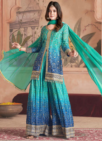 Teal Chinon Bandhini Print Sharara for Festive Wear - Rent