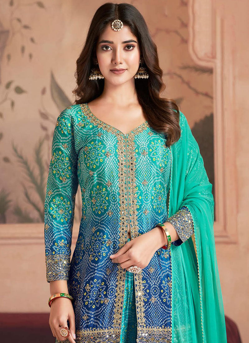 Teal Chinon Bandhini Print Sharara for Festive Wear - Rent