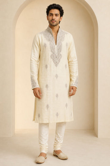 Light Yellow Embroidered Kurta Pyjama for Wedding Guest - RENT