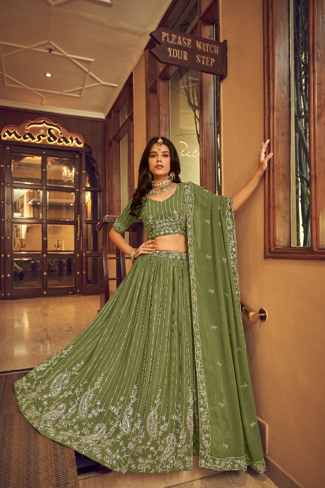 Charming Green Embroidery Faux Georgette Lehenga - Rent