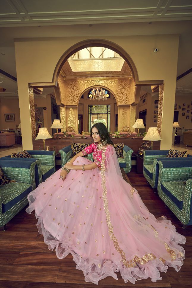 Wedding Designer Pink Pure Chinon Silk Lehenga Choli - VIRASAT - 3813260