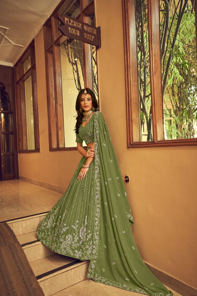 Charming Green Embroidery Faux Georgette Lehenga - Rent