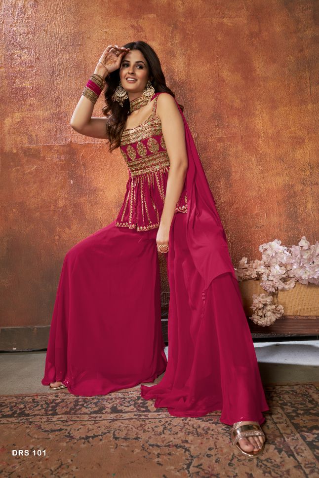 Designer Dark Pink Dress With Golden Thread Embroidery - Rent