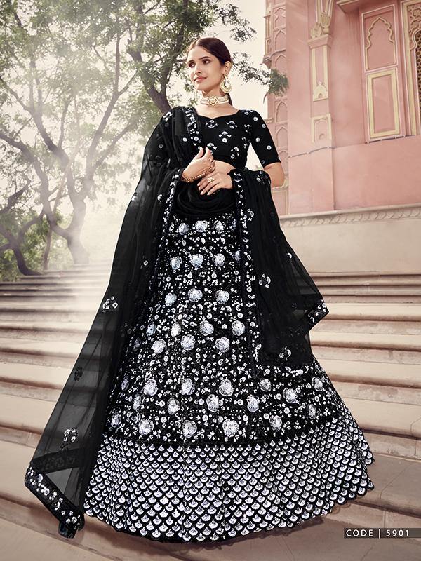 Rent Black Soft Net Sequin Work Lehenga - Glamourental