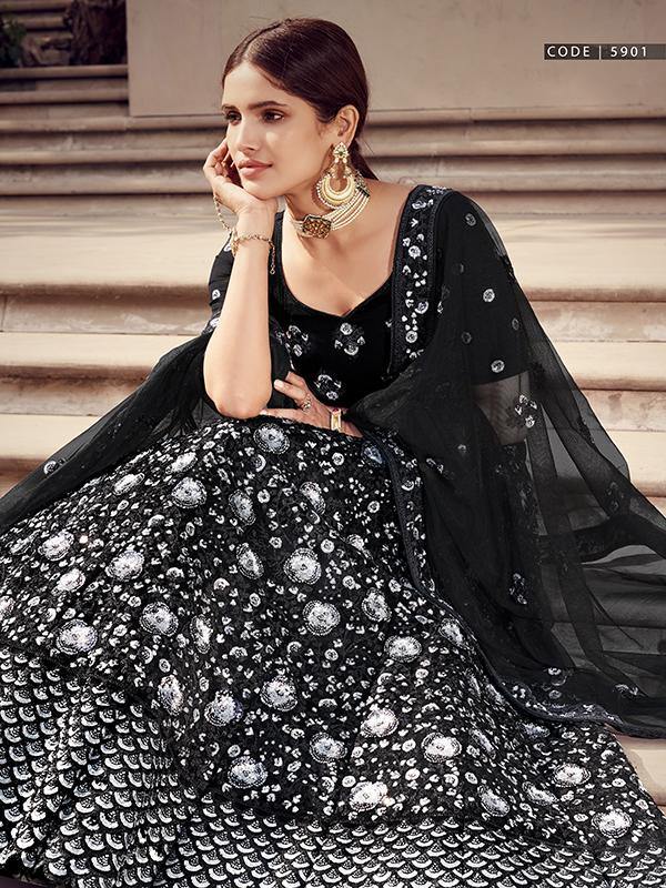 Rent Black Soft Net Sequin Work Lehenga - Glamourental