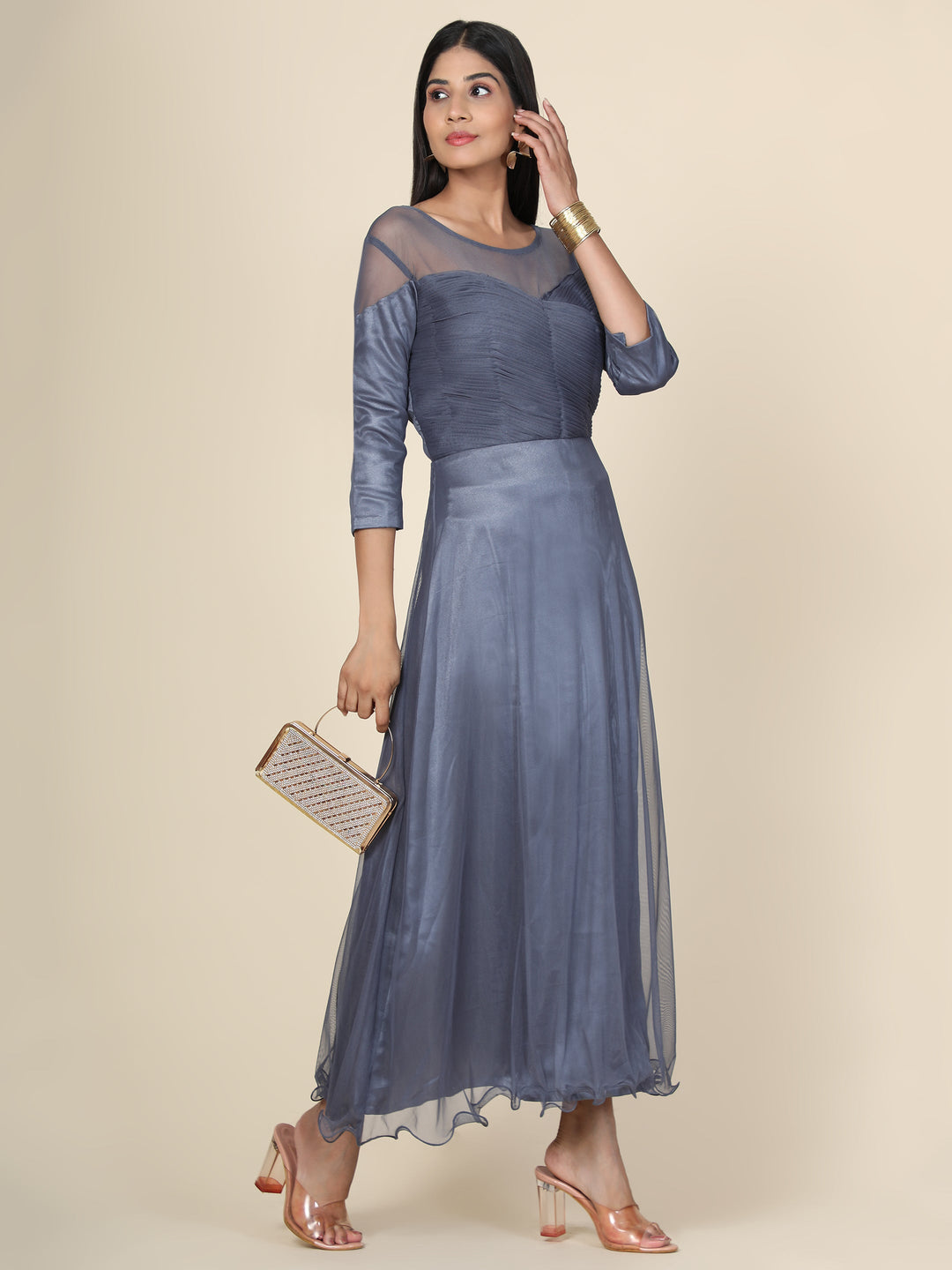 Miracolos By Ruchi's Classy Women's Pleat Draped Grey Gowns  - Rent