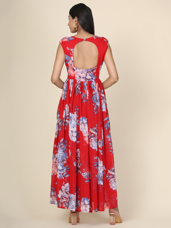 Miracolos By Ruchi's Elegant Floral Printed Chiffon Party dress in Red base - Rent
