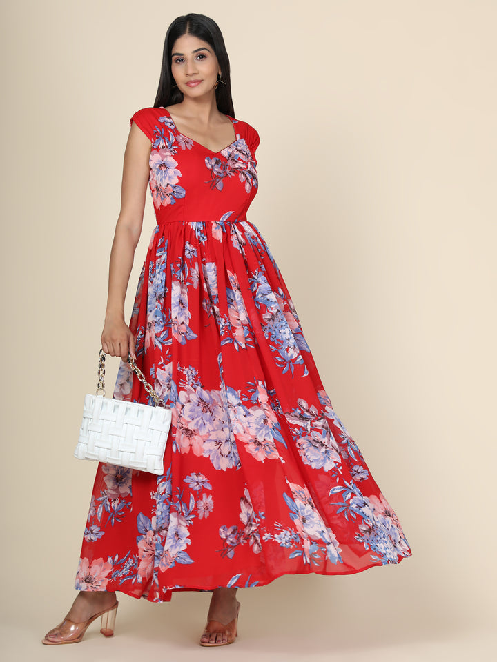 Miracolos By Ruchi's Elegant Floral Printed Chiffon Party dress in Red base - Rent