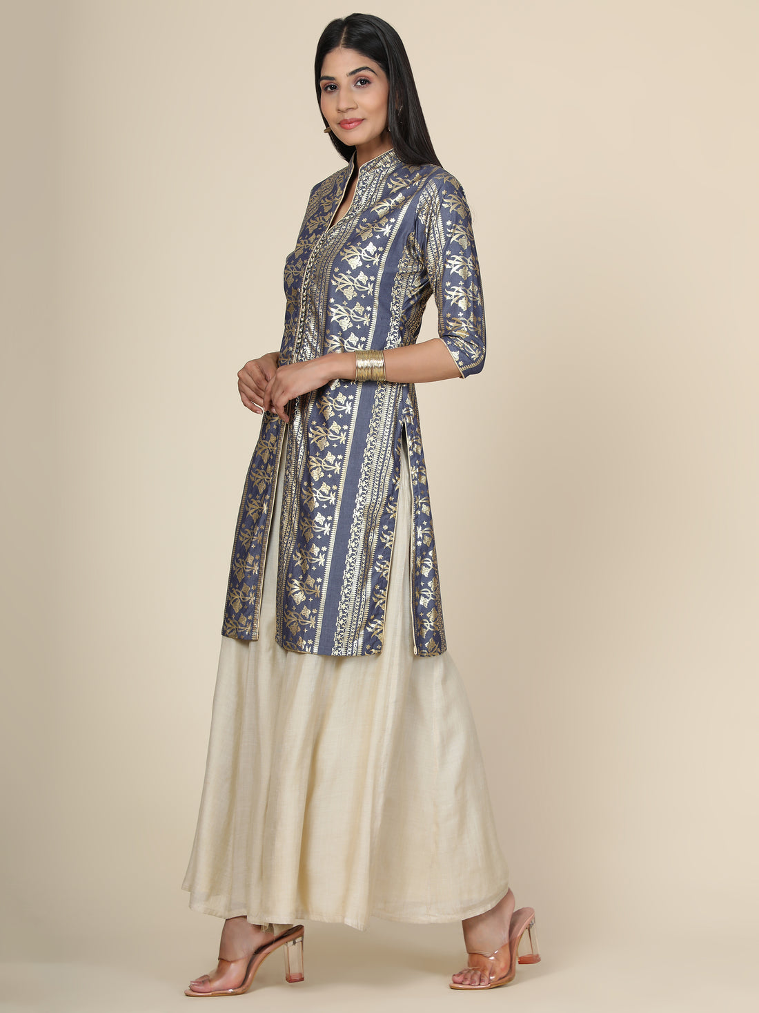 Miracolos By Ruchi's Elegant Grey Foil Print Mandarin Collar Kurti  - Rent