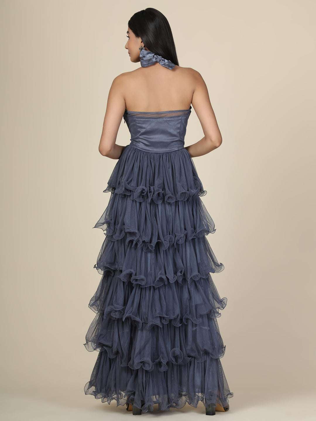 Miracolos By Ruchi's Classy Halter Neck Drape Net Party Evening Corset Gown  - Rent