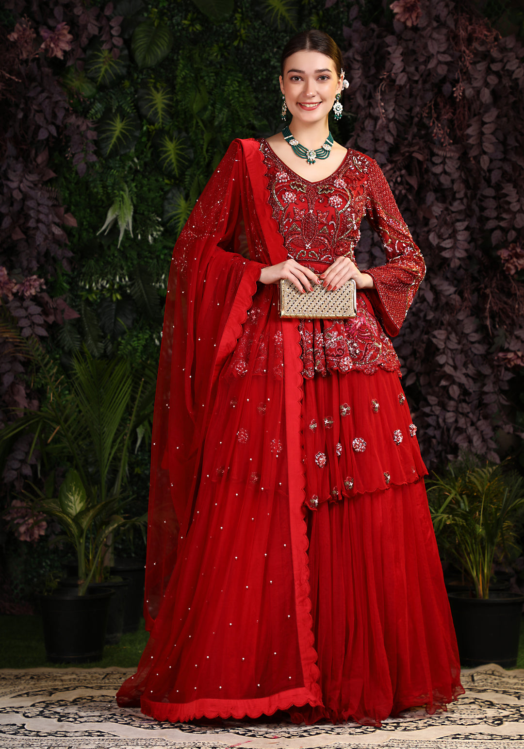 Miracolos By Ruchi's Elegant Red colored Embroidered Gown with Dupatta  - Rent