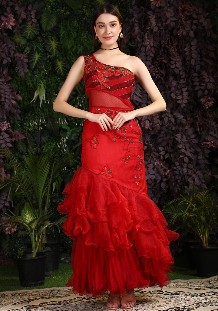 Miracolos By Ruchi's Elegant Red colored One Shoulder Gown  - Rent