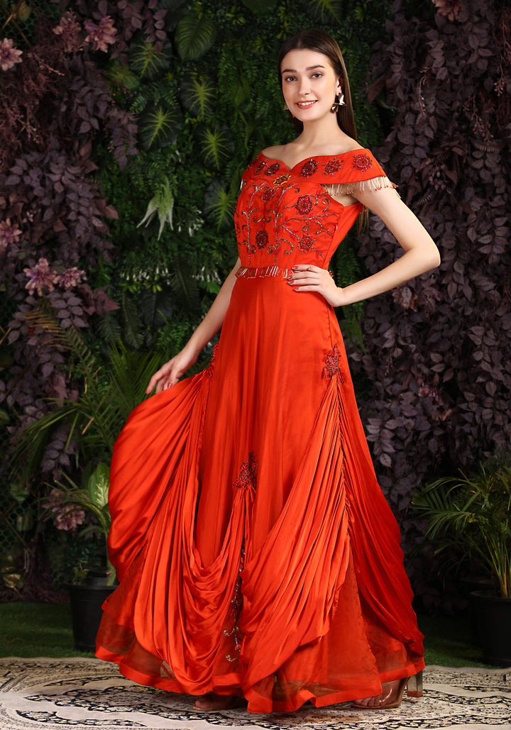 Miracolos By Ruchi's Classy Orange colored Organza Gown  - Rent