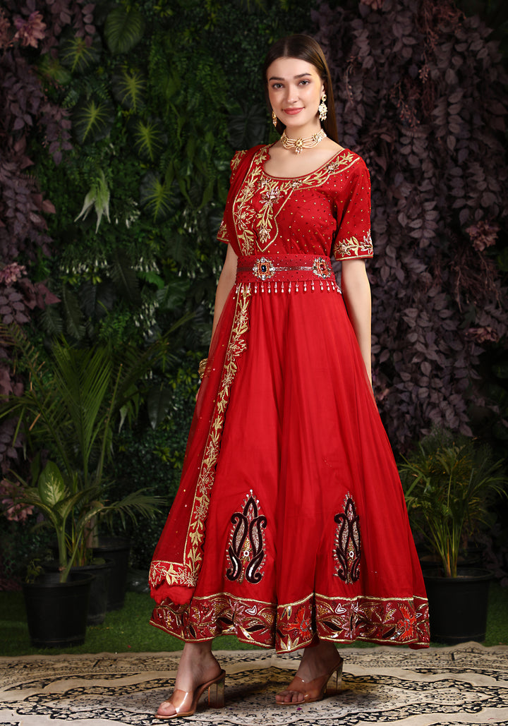 Miracolos By Ruchi's Classy Red colored Embroidered Anarkali  - Rent